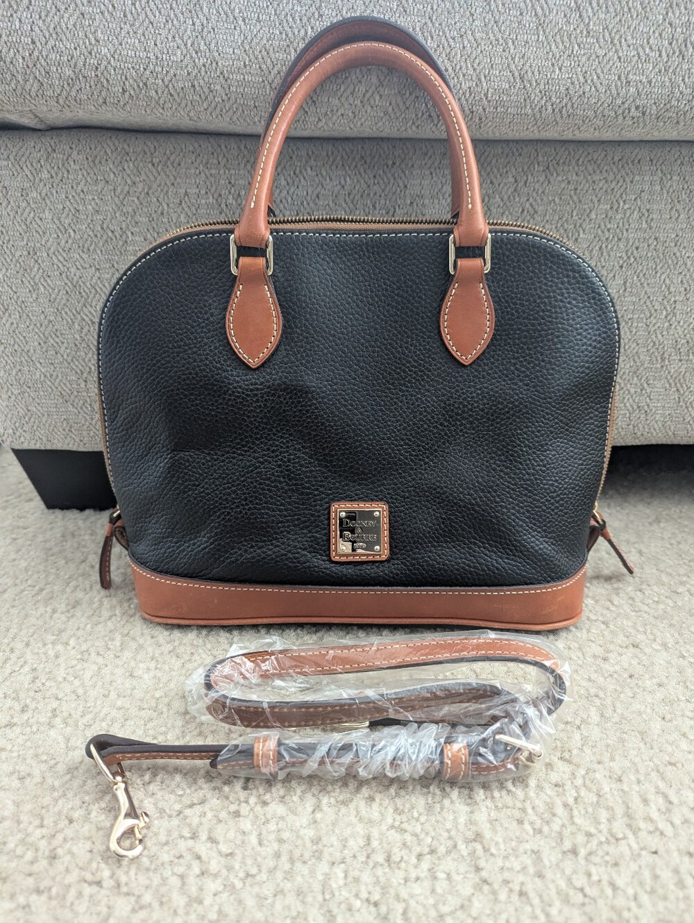Dooney & Bourke Black with Brown Trim Pebble Leather Satchel